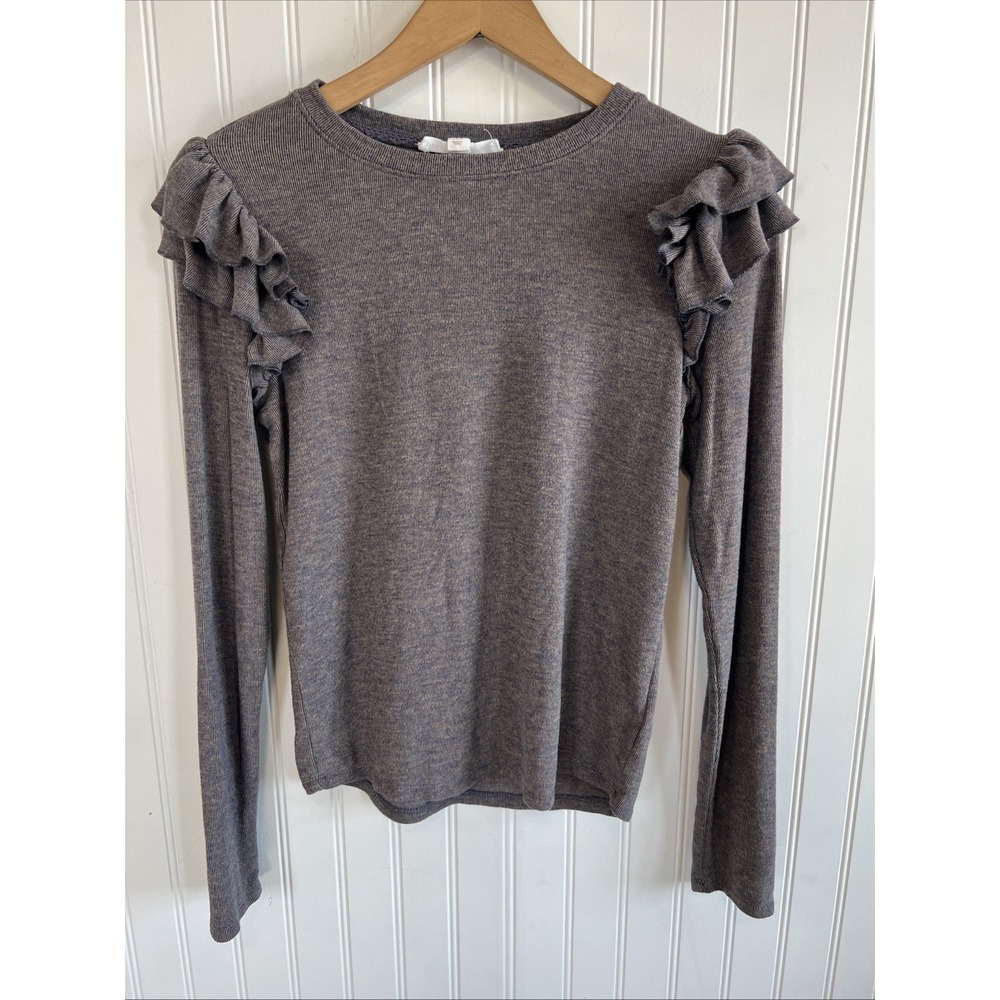 Shabby chic Shirt Women Brown‎ Ruffled Sleeve Long Sleeve Super Soft XS